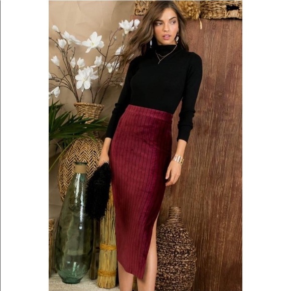 Side Slit Stripe Print Soft Velvet Corduroy Midi Skirt - Picture 3 of 8